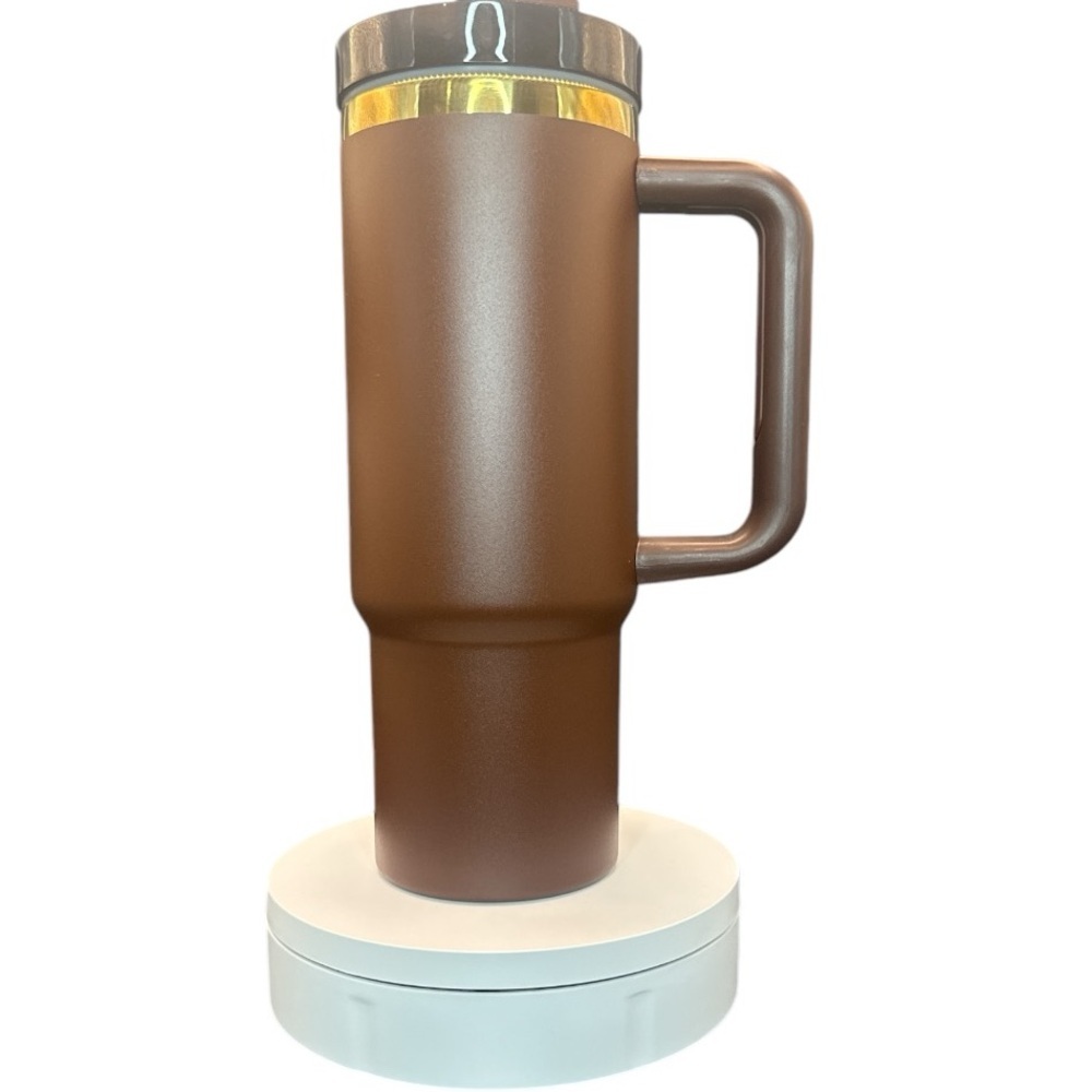 30 oz Insulated Travel Mug with Handle Brown Gold